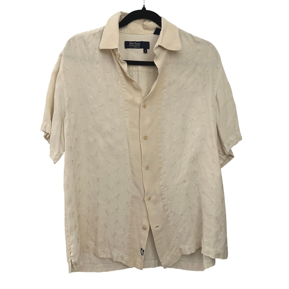 Nat Nast Silk Button Down Shirt Medium Cream Good Embroidered Camp Short Slv